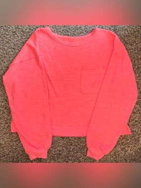 Aerie American Eagle Neon Coral Ribbed Long Sleeve Sweater with Chest Pocket